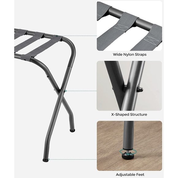 Luggage Rack Stand Suitcase Rack Folding Metal Gray Nylon Belt Rubber Feet - Picture 5 of 7